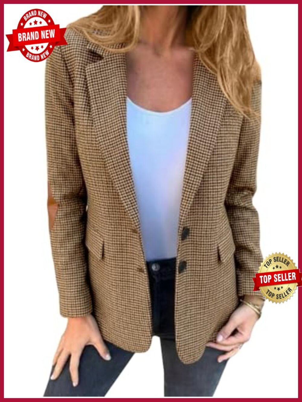 Wool Blend Tweed Blazer Houndstooth Plaid Notch Lapel Business Casual Work